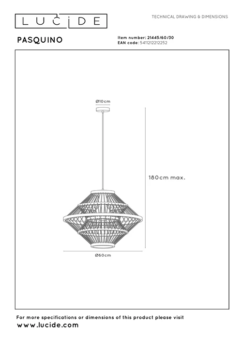 Lucide PASQUINO - Pendant light - Ø 60 cm - 1xE27 - Black | Essential - technical